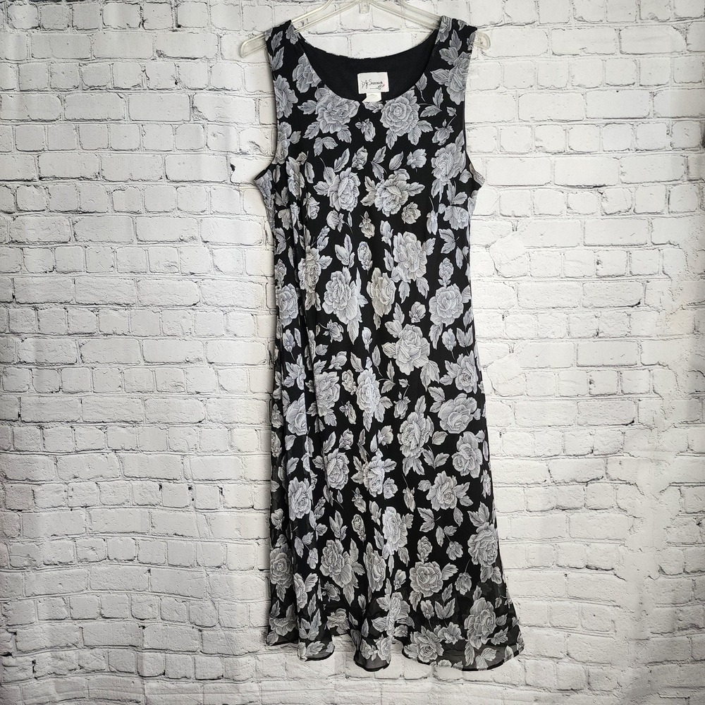 16 Black and White Floral Vintage Midi Sleeveless Dress, Size 16 from DJ Summers